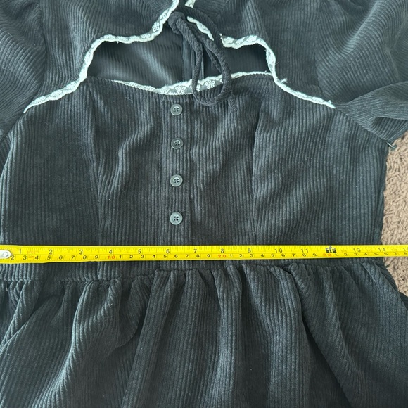 2 FOR $25 SHEIN Mod Corduroy Black Mini Dress Fit Flare Tie Neck Puff Sleeve M - Picture 2 of 9